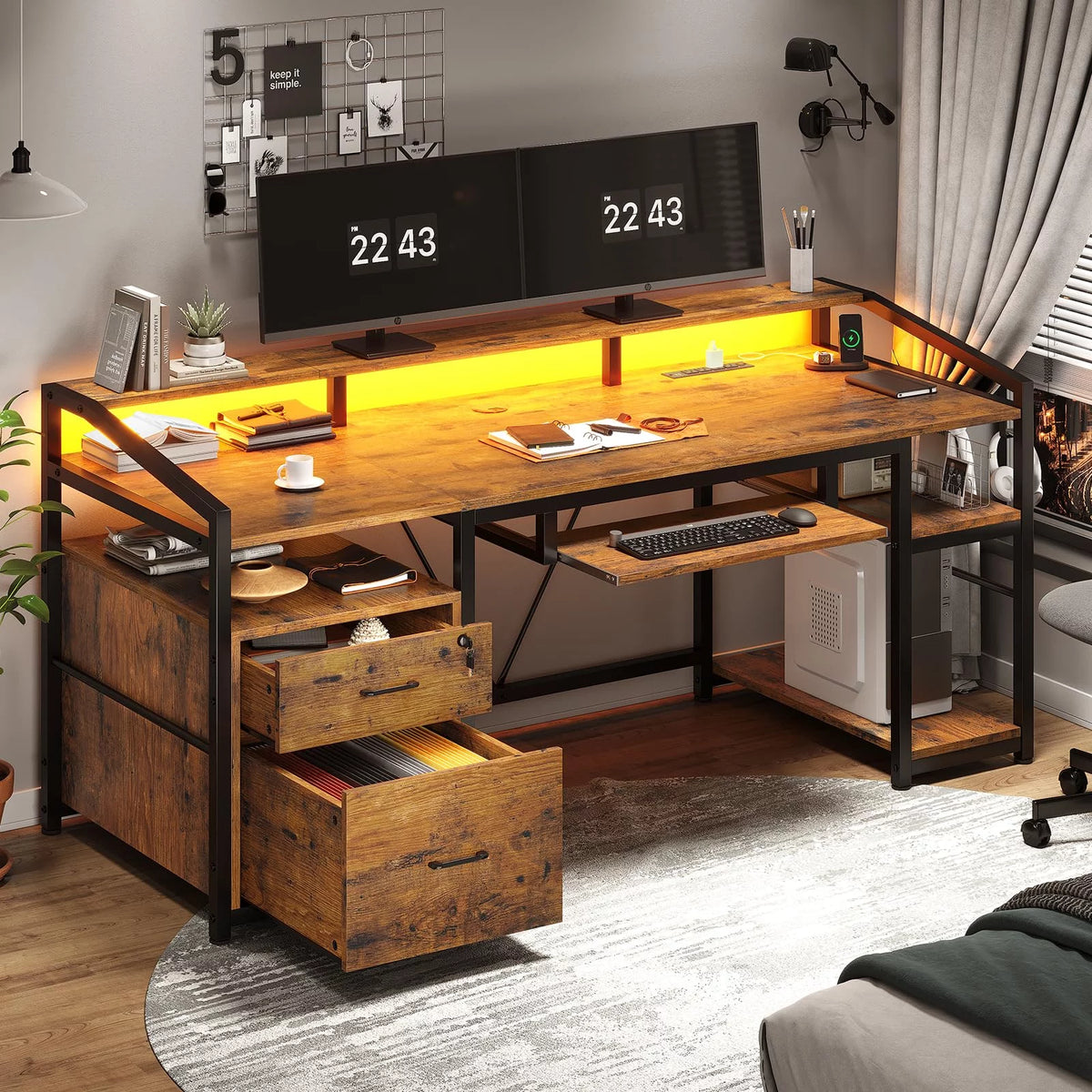 Computer Desk with LED Light and Power Outlet, 63 inches Gaming Desk with Lock Drawers P28089