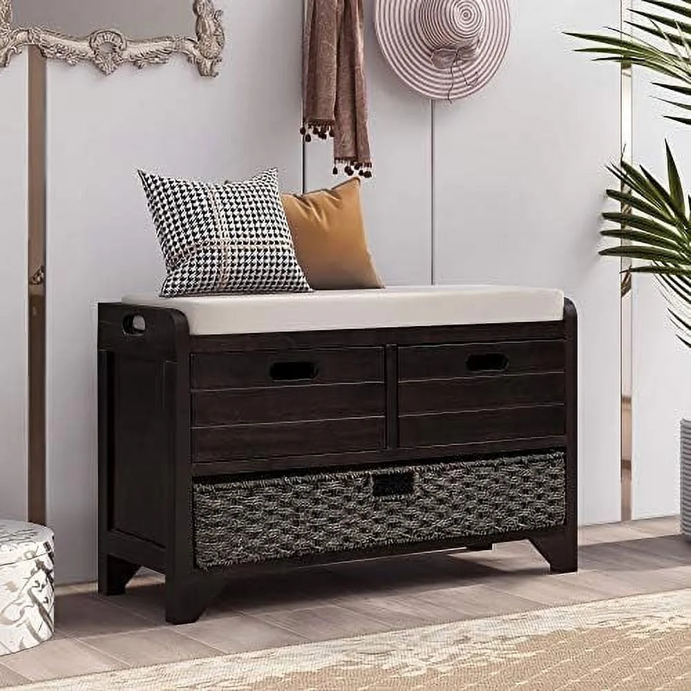 Black 3 Drawer 3 Basket Wooden Ottoman Bench O43612