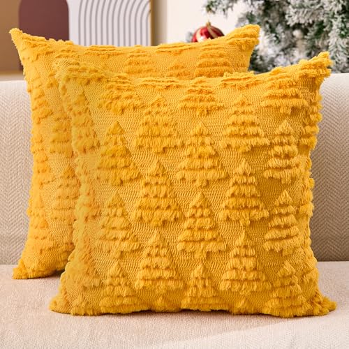 Dark Green Christmas Tree Pillow Covers 18 x 18 Set of 2 Plush Faux Fur C579