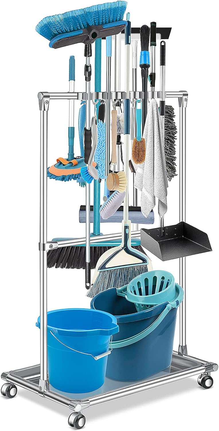 Floor Standing Broom Holder Organizer 10 Racks 8 Hooks A617
