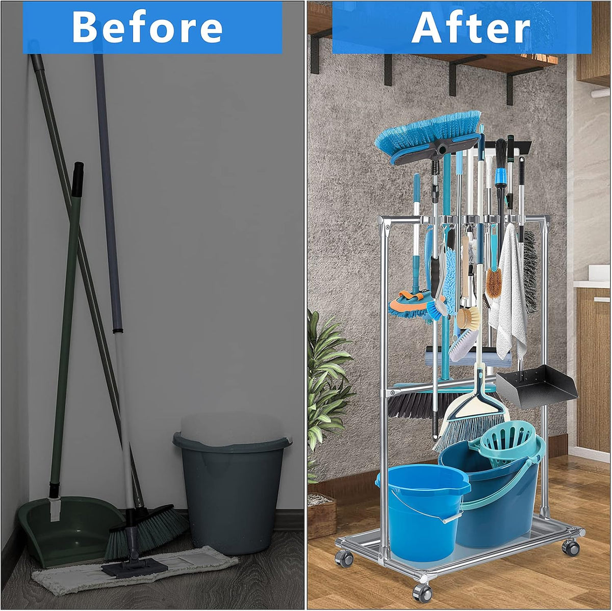 Floor Standing Broom Holder Organizer 10 Racks 8 Hooks A617