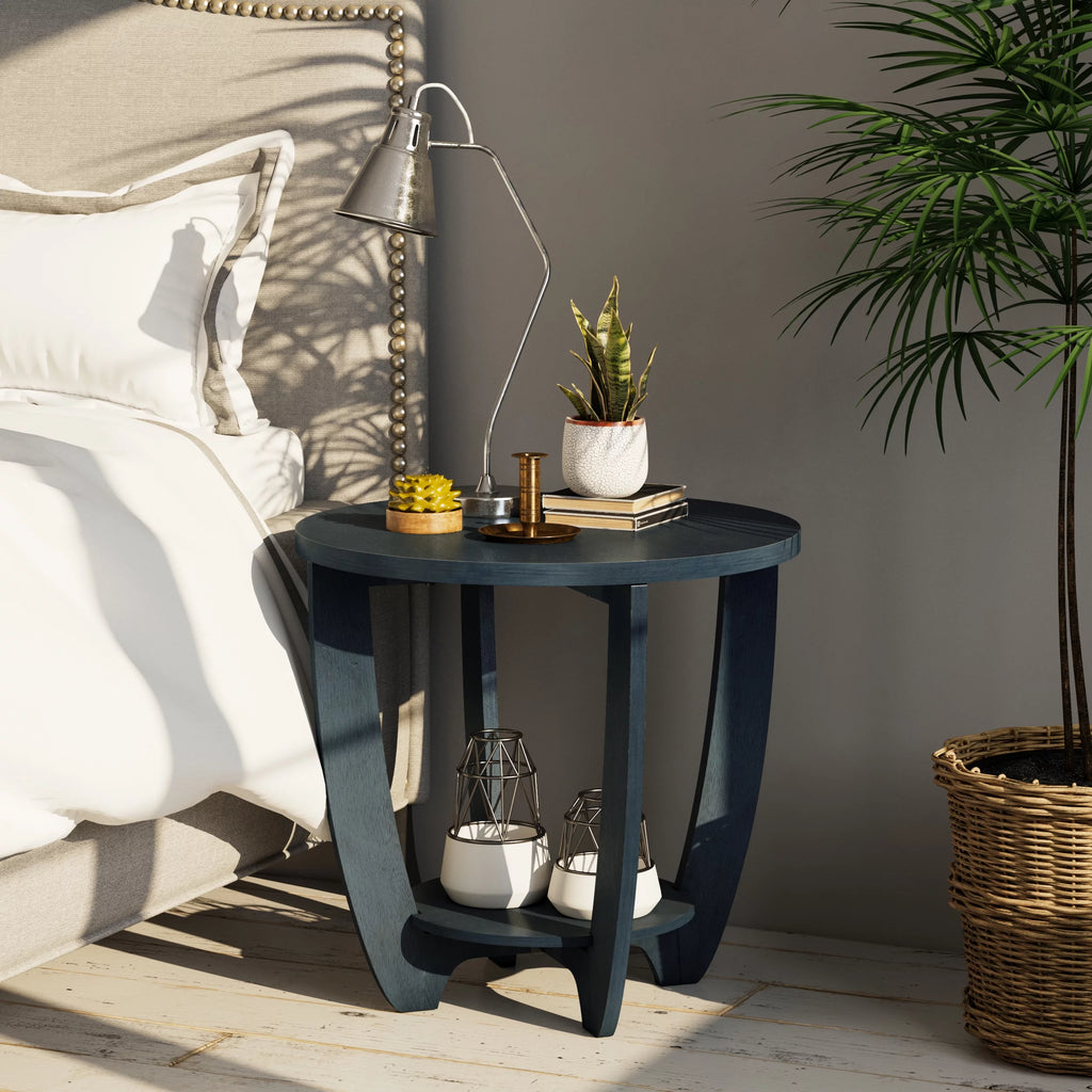 Rustic Round End Table with Storage Shelf F9964