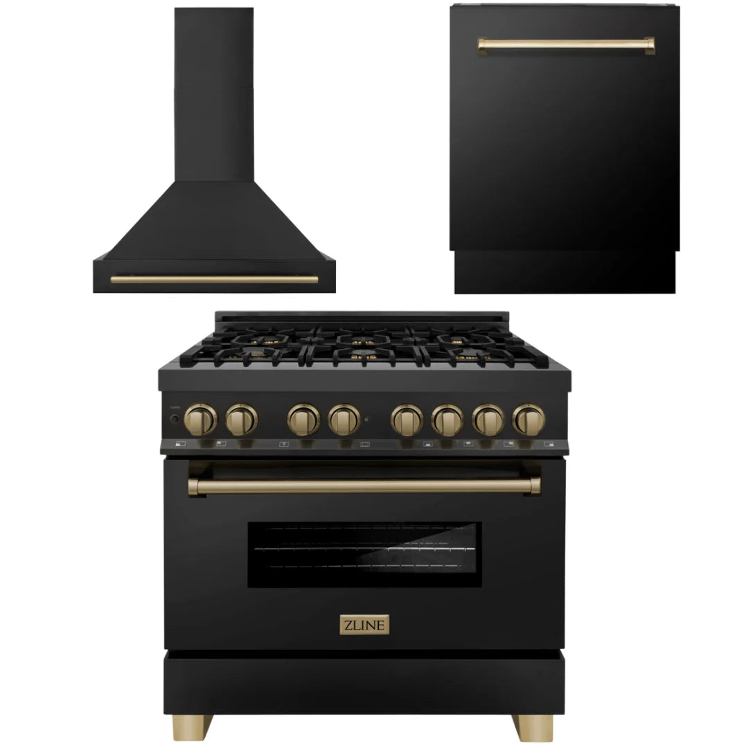 36 In. Dual Fuel Range, Range Hood, Dishwasher in Black Stainless Steel J702