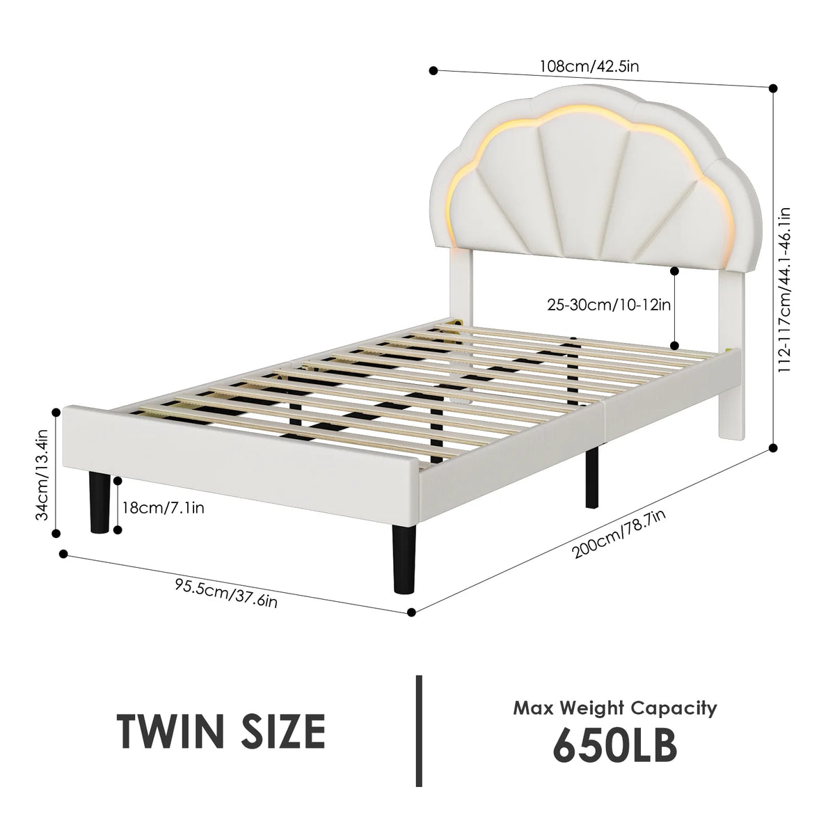 Twin Size Off-White Velvet Upholstered Platform Bed with Adjustable Headboard V55352