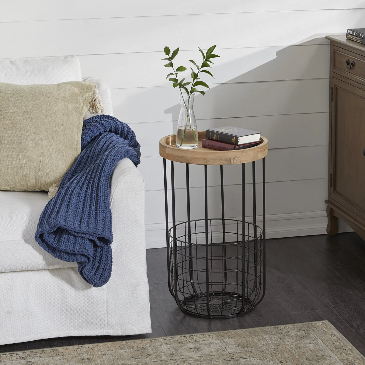 16" x 26" Black Metal Accent Table with Brown Wood Top and Wire Basket Storage L127