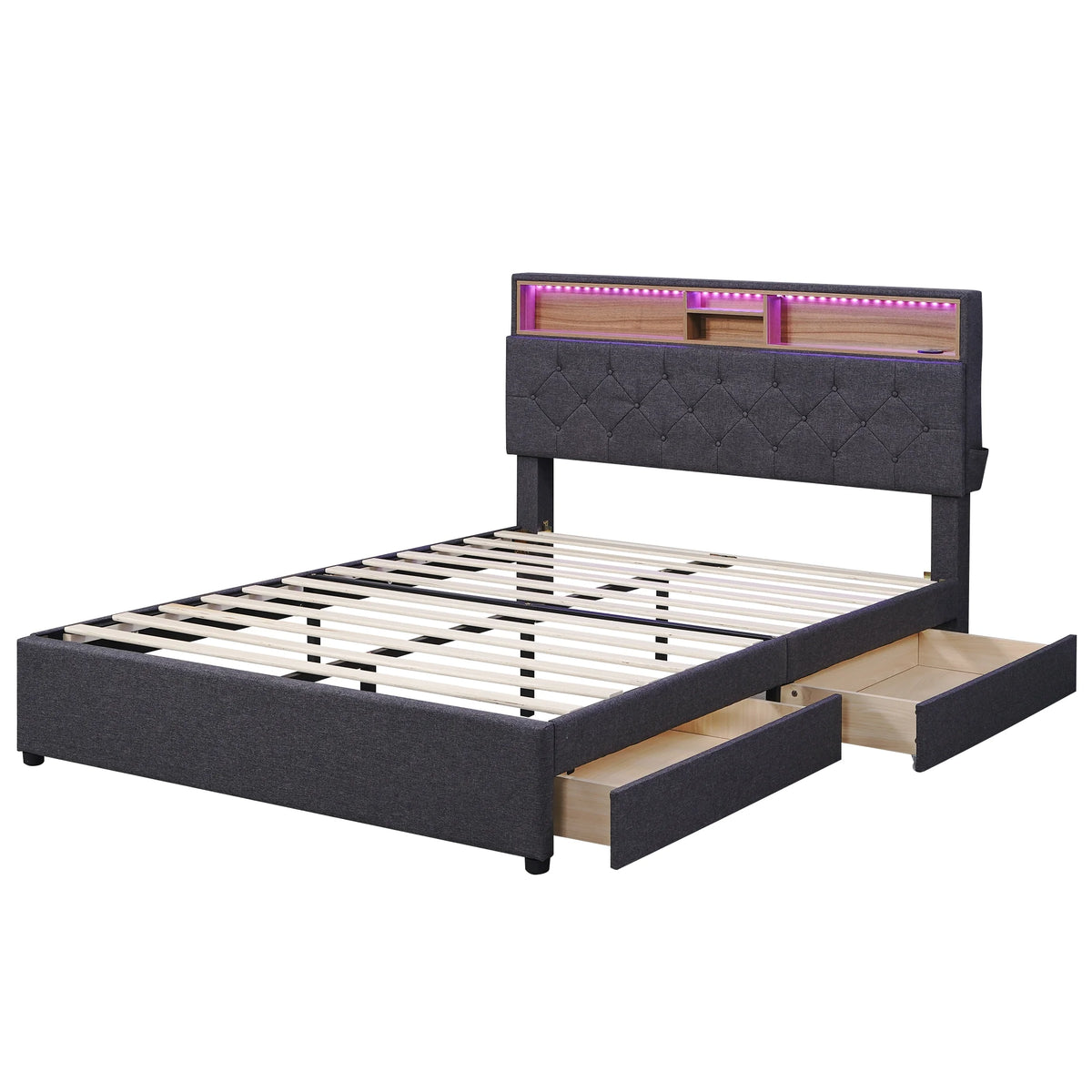 Upholstered Full Platform Bed with Shelf and 2 Drawers T9298
