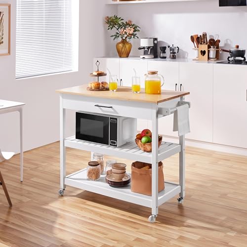White 3-Tier Rolling Kitchen Island Cart with Bamboo Tabletop X906264