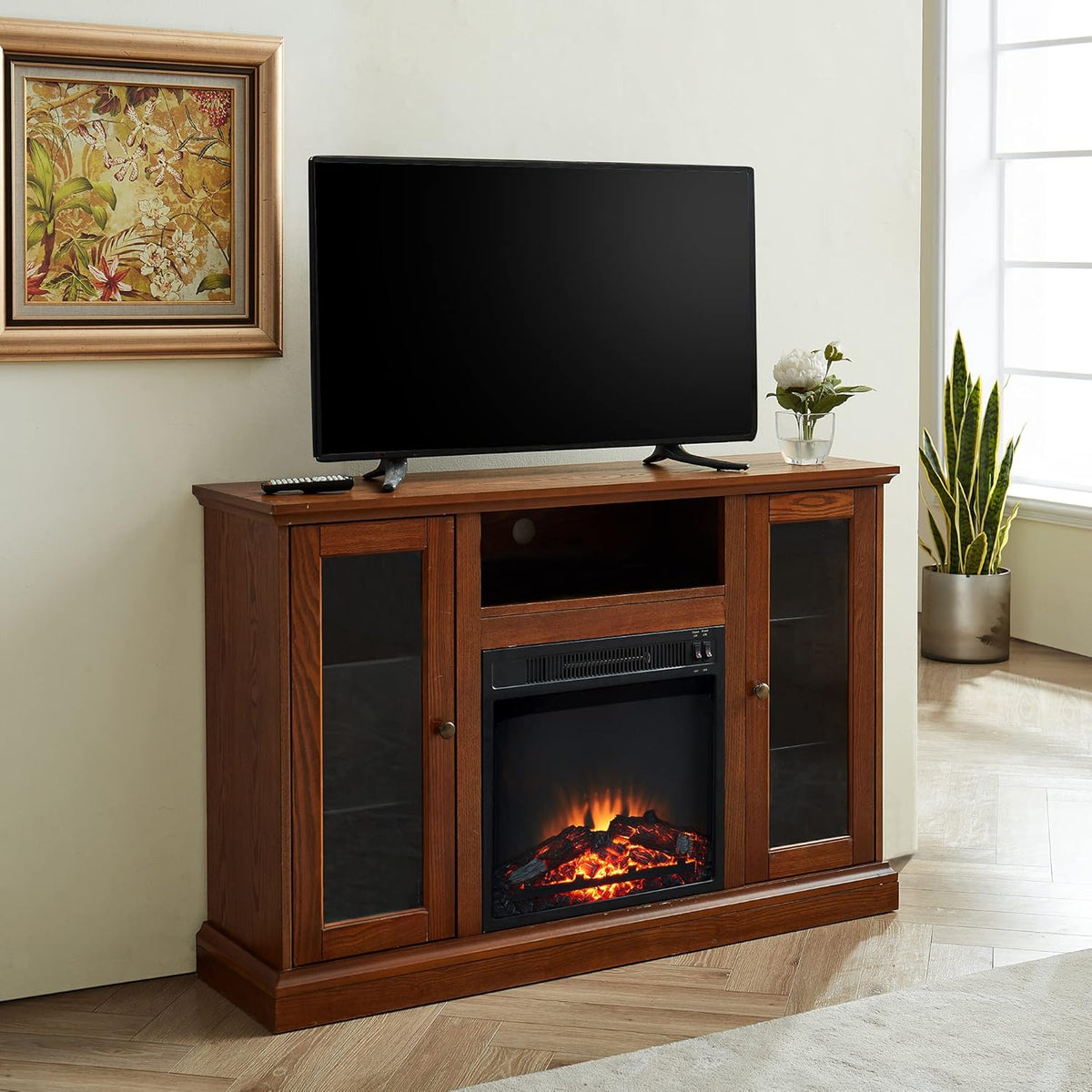 Mid Century Modern Electric Fireplace TV Stand with Storage Cabinet and Tempered Glass Shelves T99881