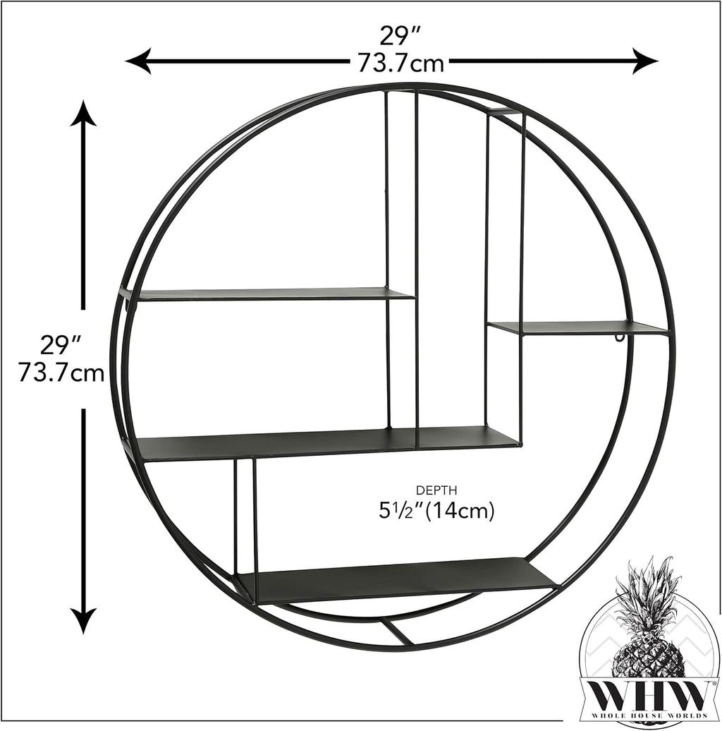 Round Metal Wall Shelf, 4 Levels, Black Iron, 29 Inches Diameter R358