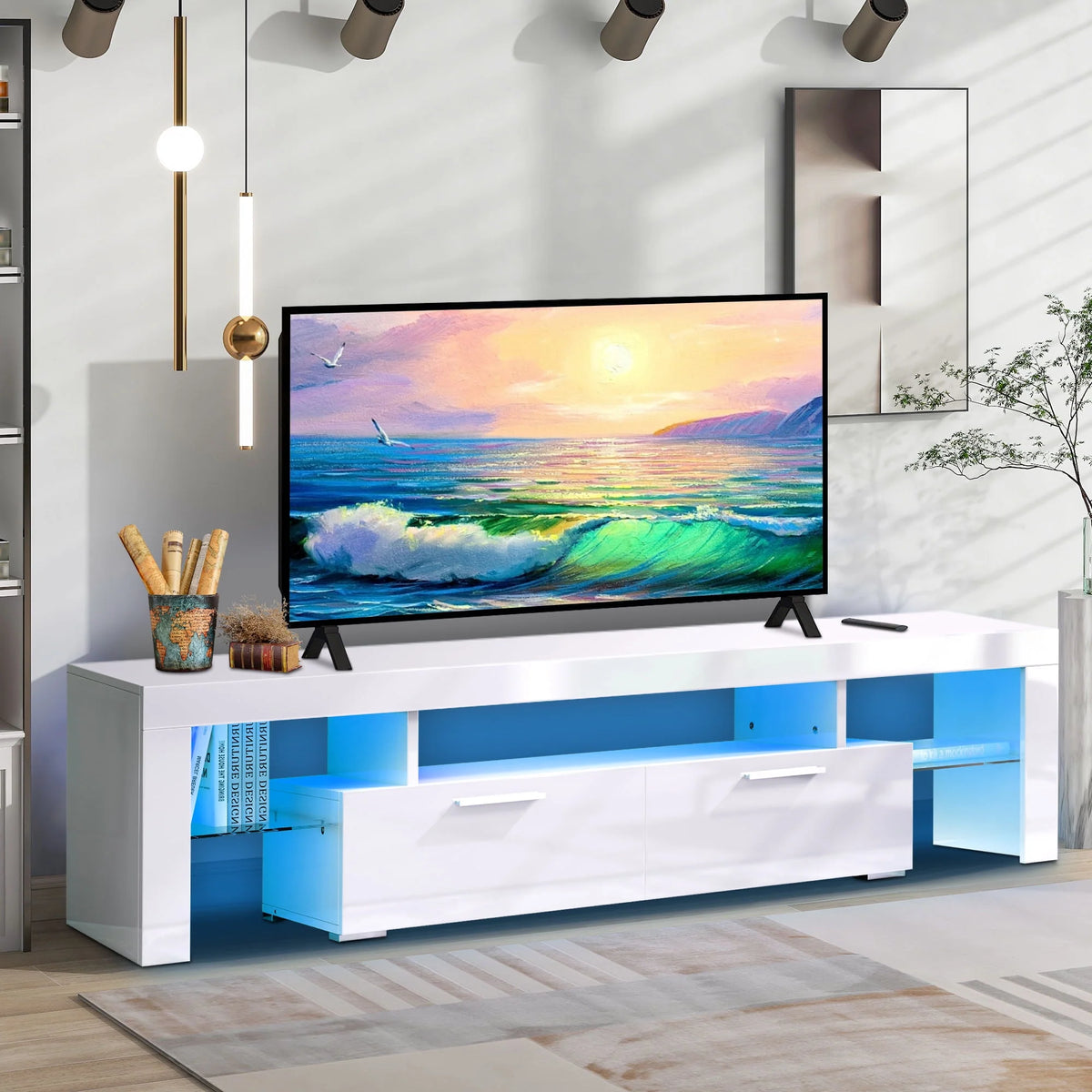White High Gloss TV Stand with Storage Shelves A983947