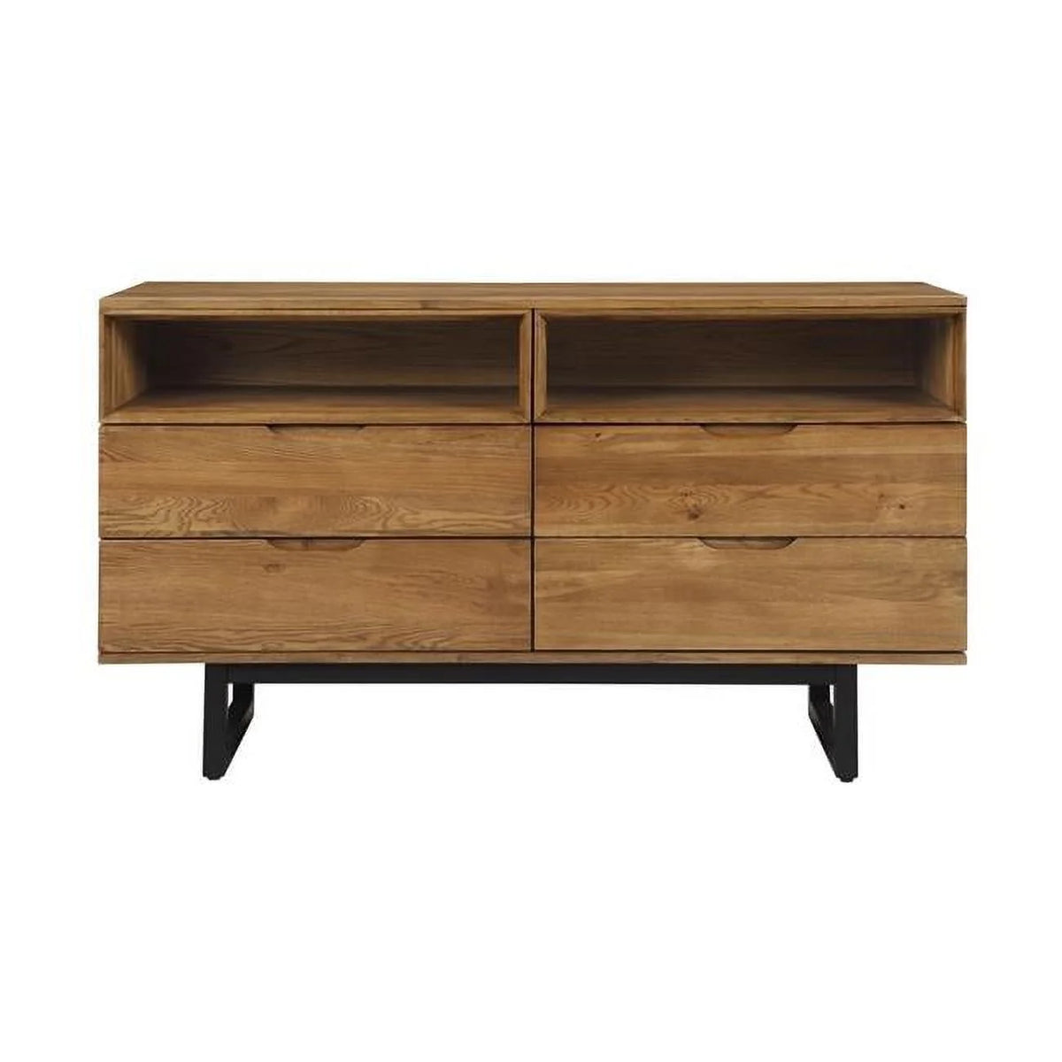 4 Drawer Brown Oak Wood Dresser with Black Metal Legs H3193