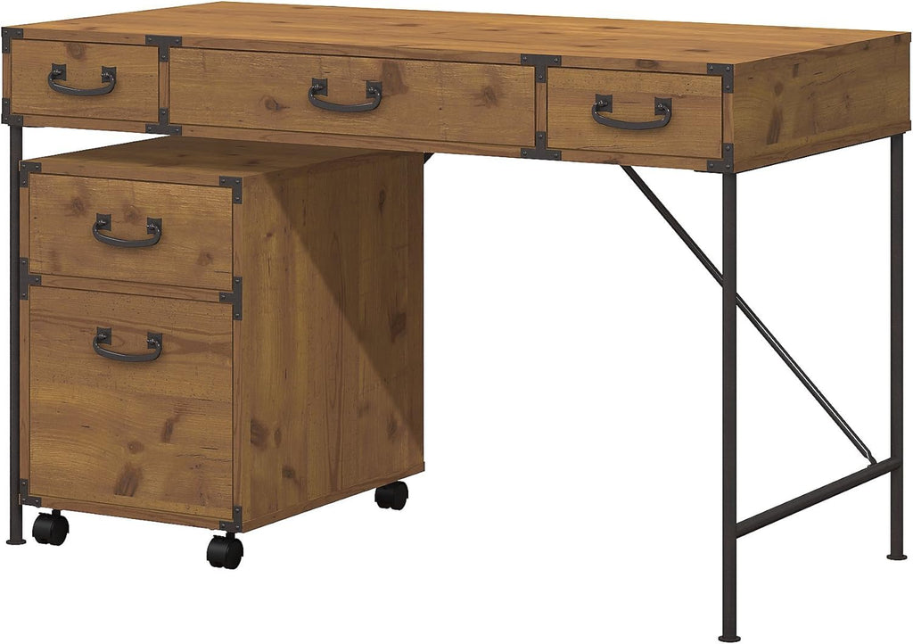 Vintage Golden Pine Writing Desk and 2 Drawer File Cabinet G553554