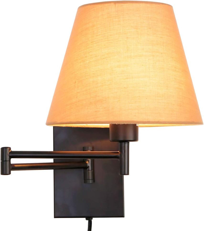 Swing Arm Wall Lamp Plug-in Cord Linen Shade J8363