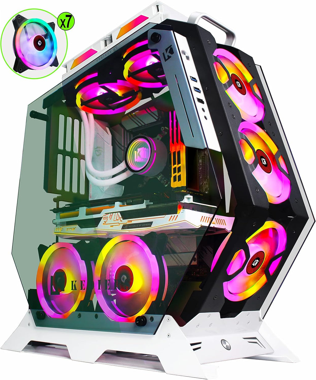 ATX Tower Tempered Glass Gaming Computer Case with 7 RGB Fans A2040