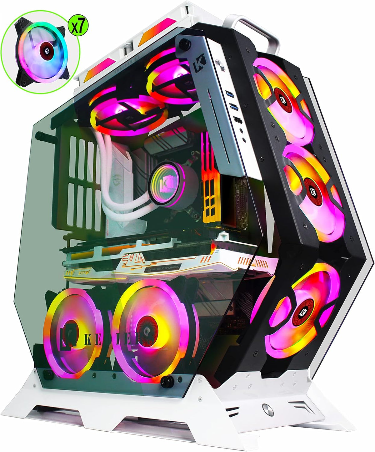 ATX Tower Tempered Glass Gaming Computer Case with 7 RGB Fans A2040