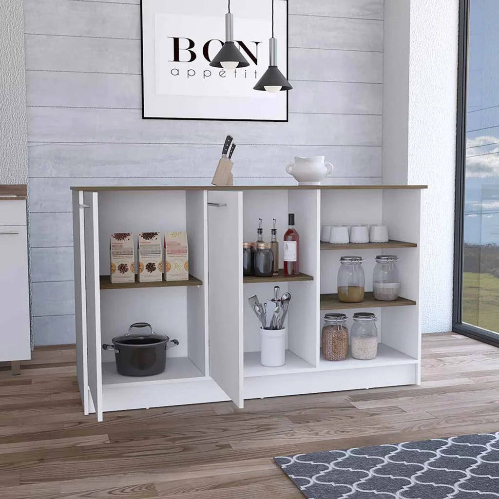 White Dark Brown Kitchen Island with Two Cabinets and Three Open Shelves H42784