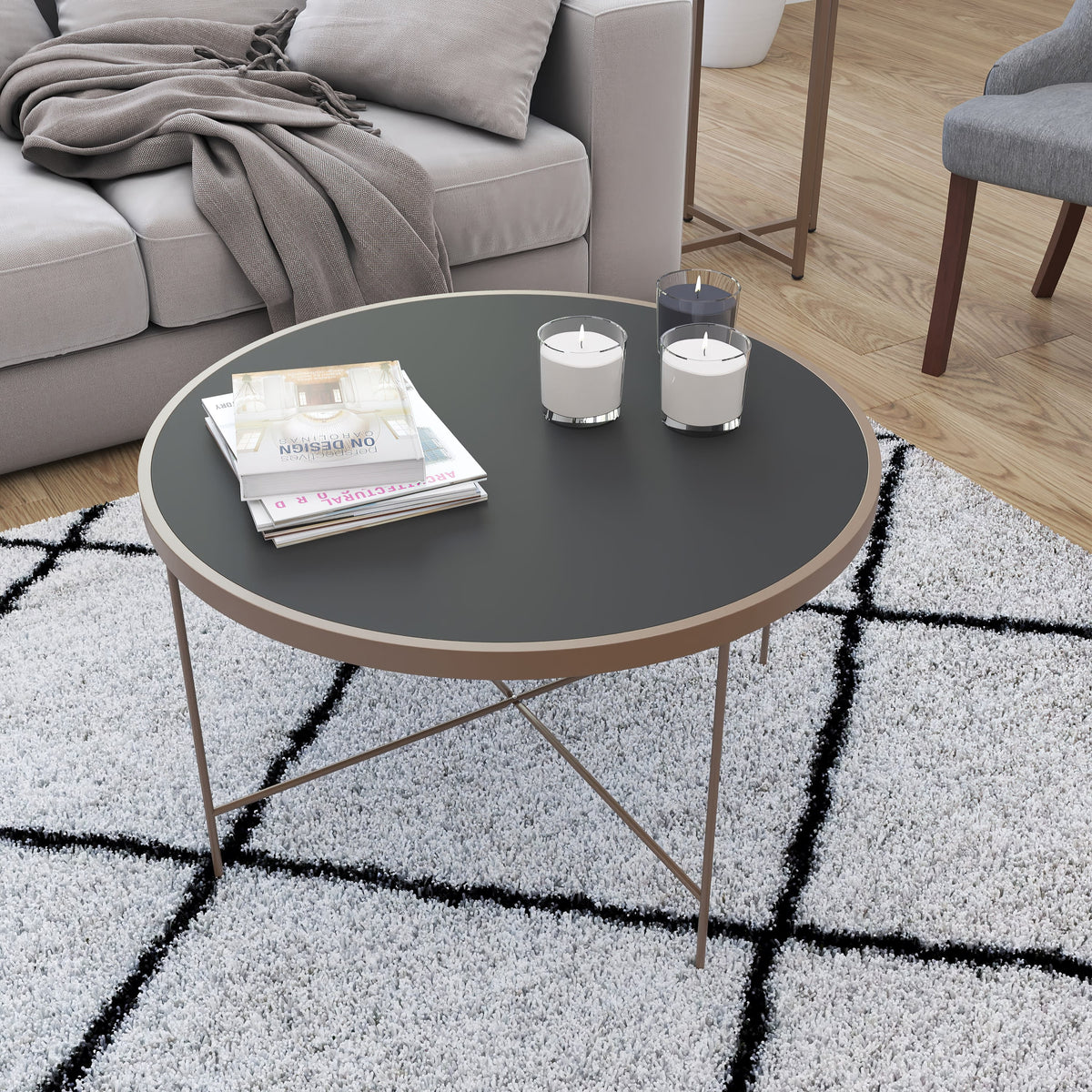 Black Tempered Glass Coffee Table with Gold Metal Frame G654952