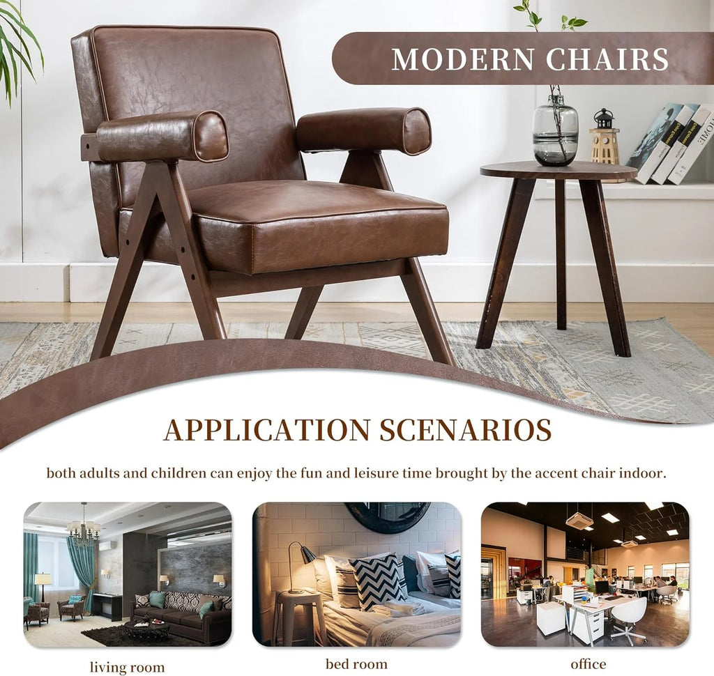 Brown PU Leather Accent Chair with Wood Armrest Z78192