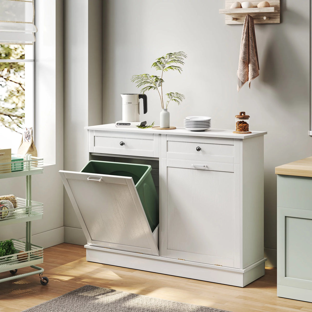 White Free Standing Tilt Out Trash Cabinet with Drawer N66559