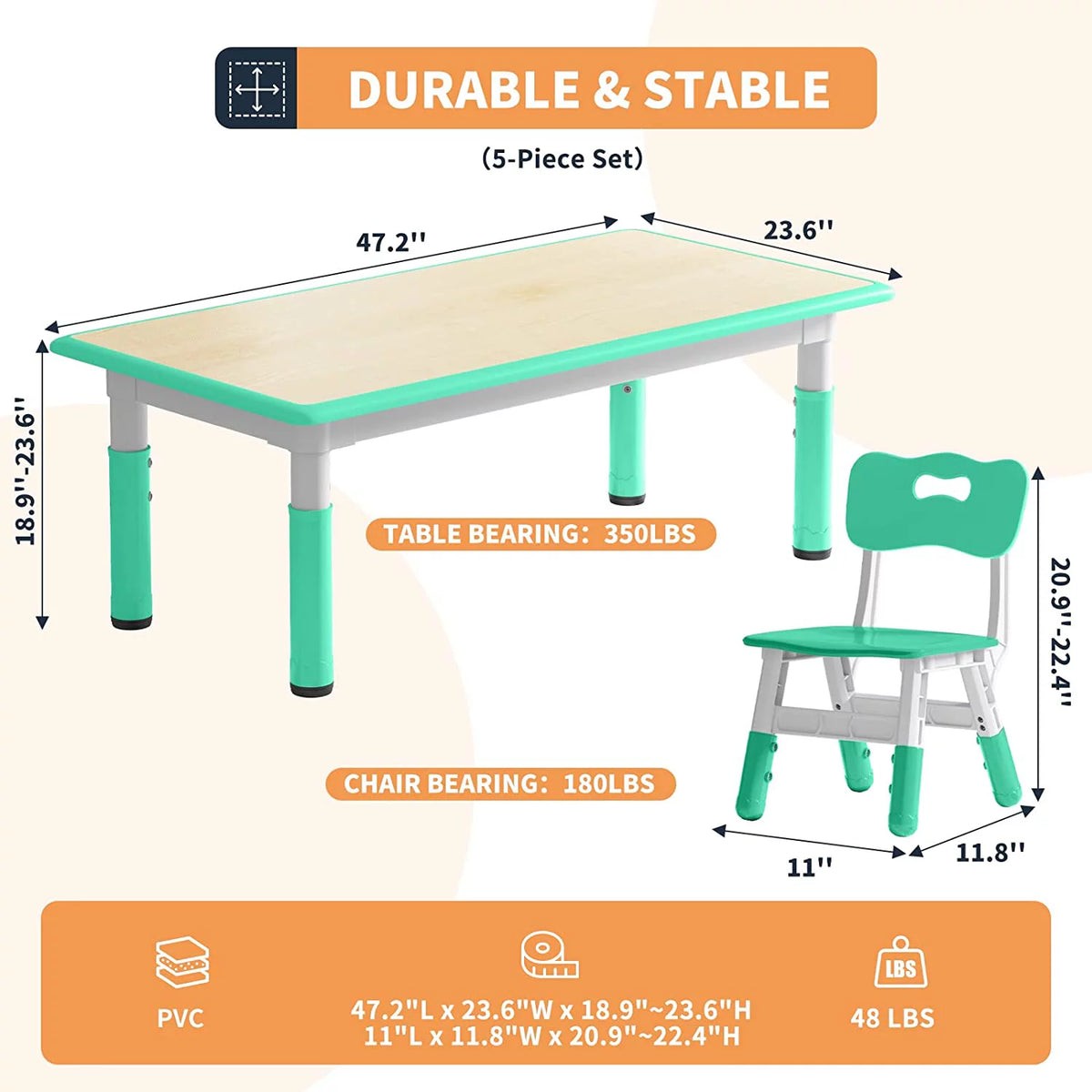 Kids Table and Chairs Set, Multi Levels Height Adjustable, Mint Green N8705