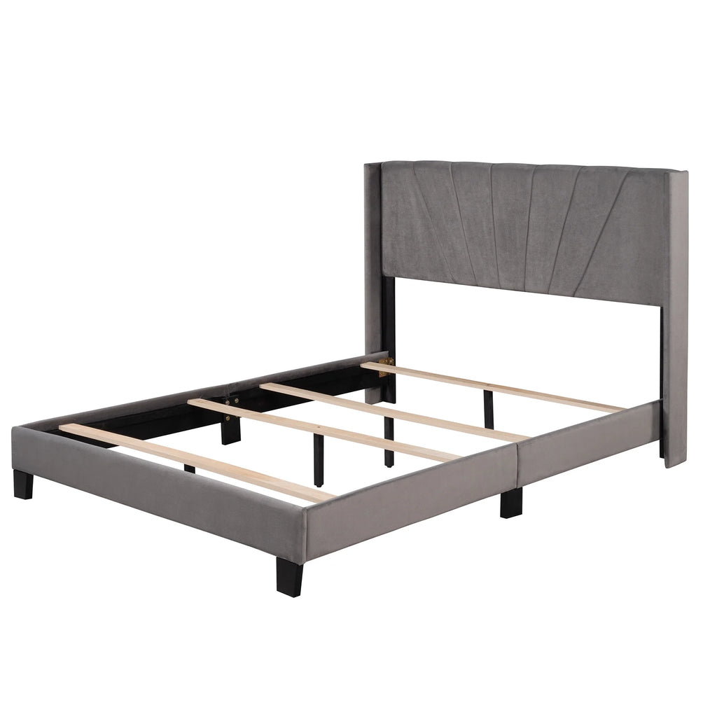 Queen Velvet Upholstered Platform Bed Frame with Headboard T1754