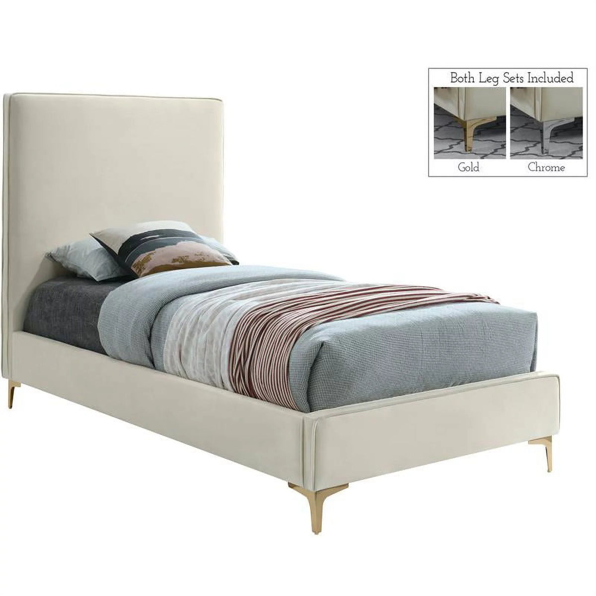 Cream Velvet Twin Bed with Gold and Chrome Legs H72382