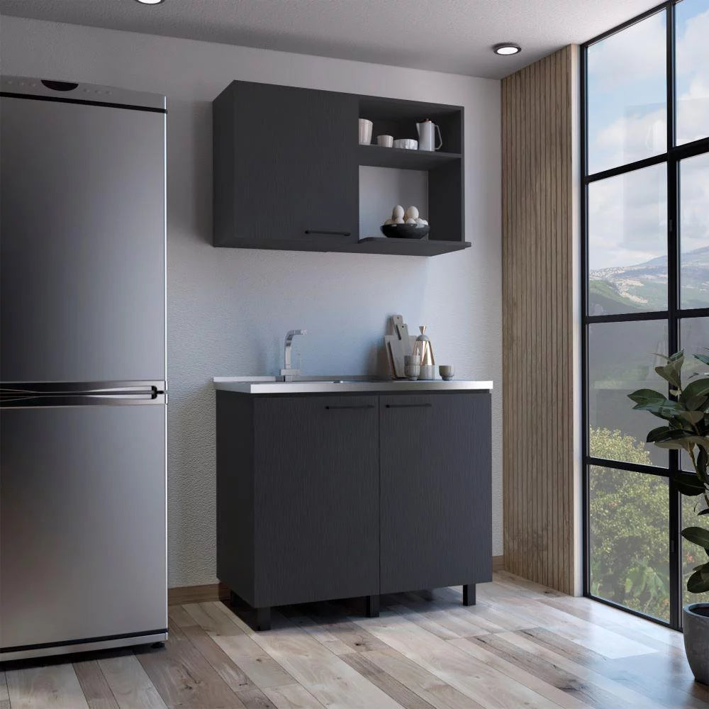 2 Piece Kitchen Set, Wall Cabinet + Utility Sink, Black Wengue Finish U37580