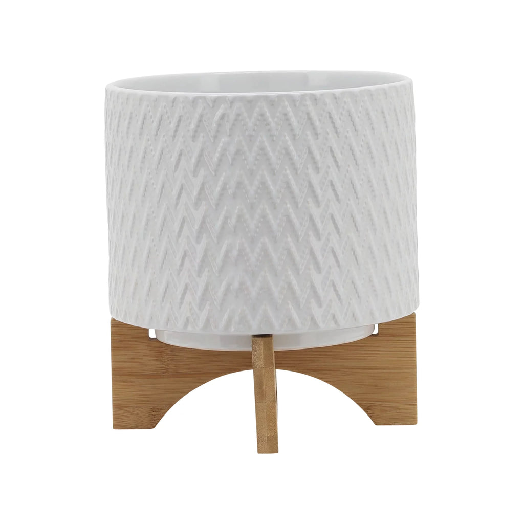 White Ceramic Chevron Planter With Stand G495110