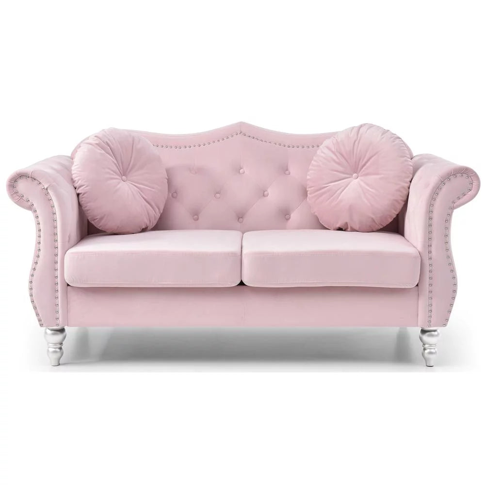 Pink Velvet Chesterfield Loveseat with 2-Throw Pillow Q528846