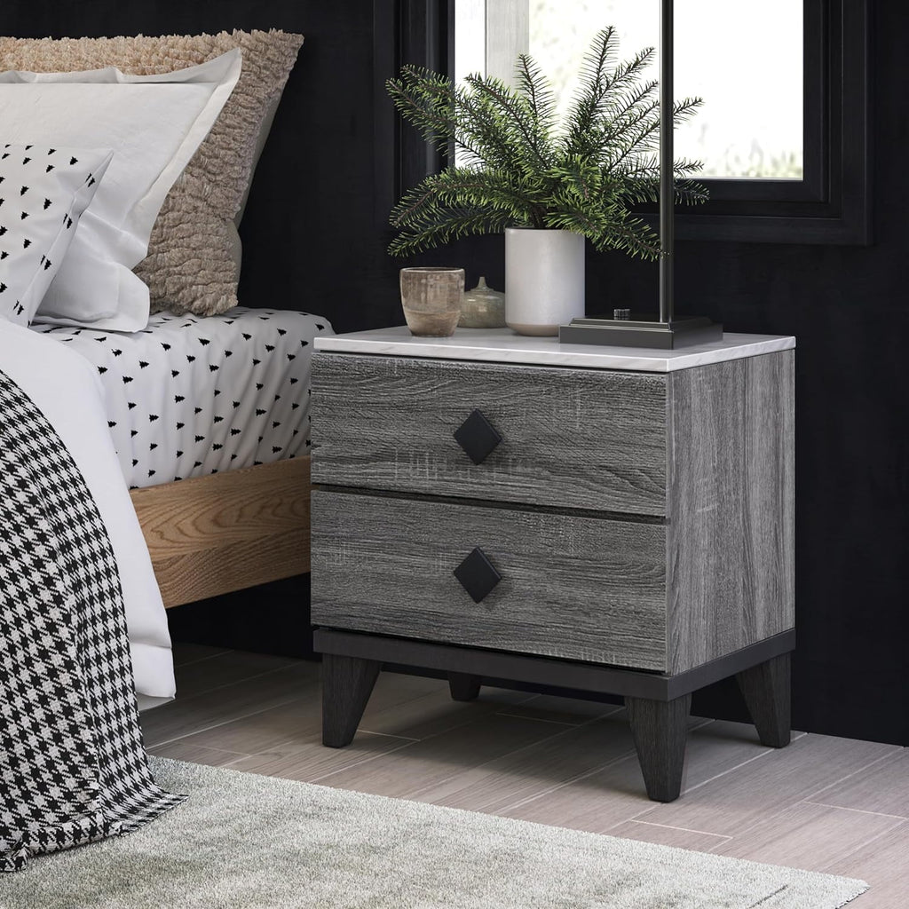 2 Drawer Gray Marble Top Side Table J80720