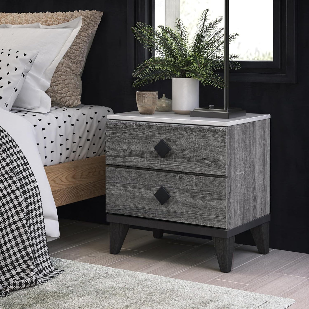 2 Drawer Gray Marble Top Side Table J80720
