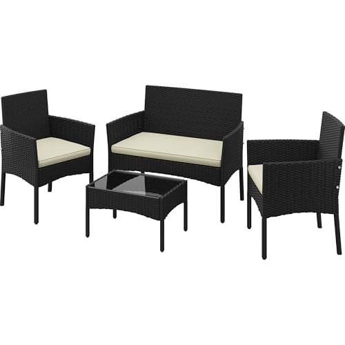 4 Pieces Rattan Wicker Patio Furniture Set with Cushion and Glass Table Y960979
