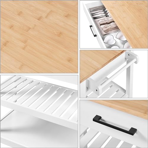 White 3-Tier Rolling Kitchen Island Cart with Bamboo Tabletop X906264