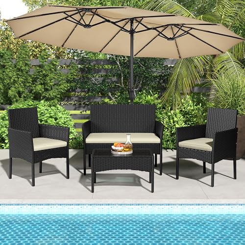 4 Pieces Rattan Wicker Patio Furniture Set with Cushion and Glass Table Y960979