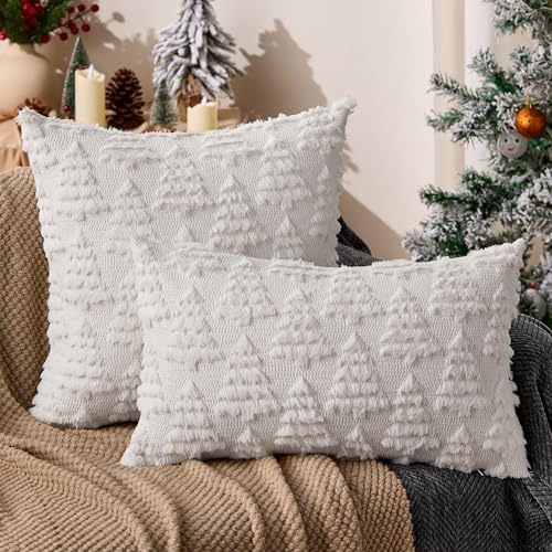 Dark Green Christmas Tree Pillow Covers 18 x 18 Set of 2 Plush Faux Fur C579