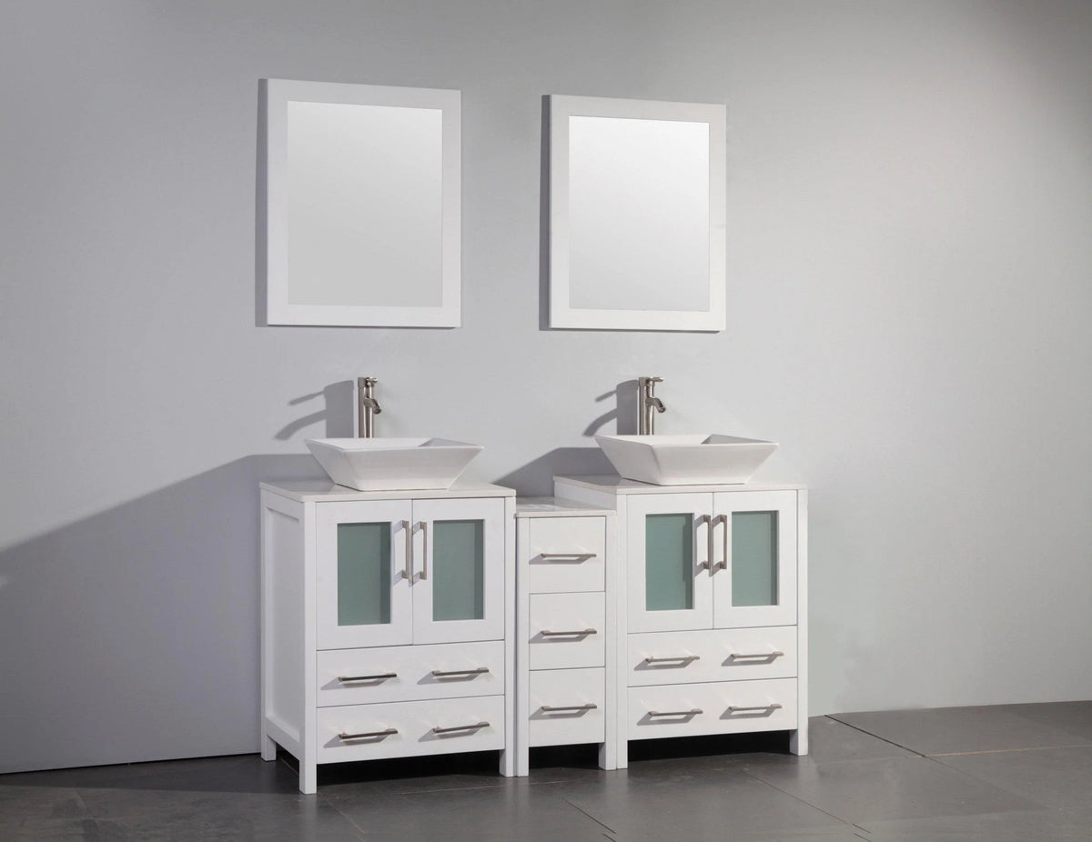 60 in. White Double Sink Vanity Cabinet with Ceramic Vessel Sink & Mirror G2055
