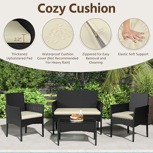 4 Pieces Rattan Wicker Patio Furniture Set with Cushion and Glass Table Y960979
