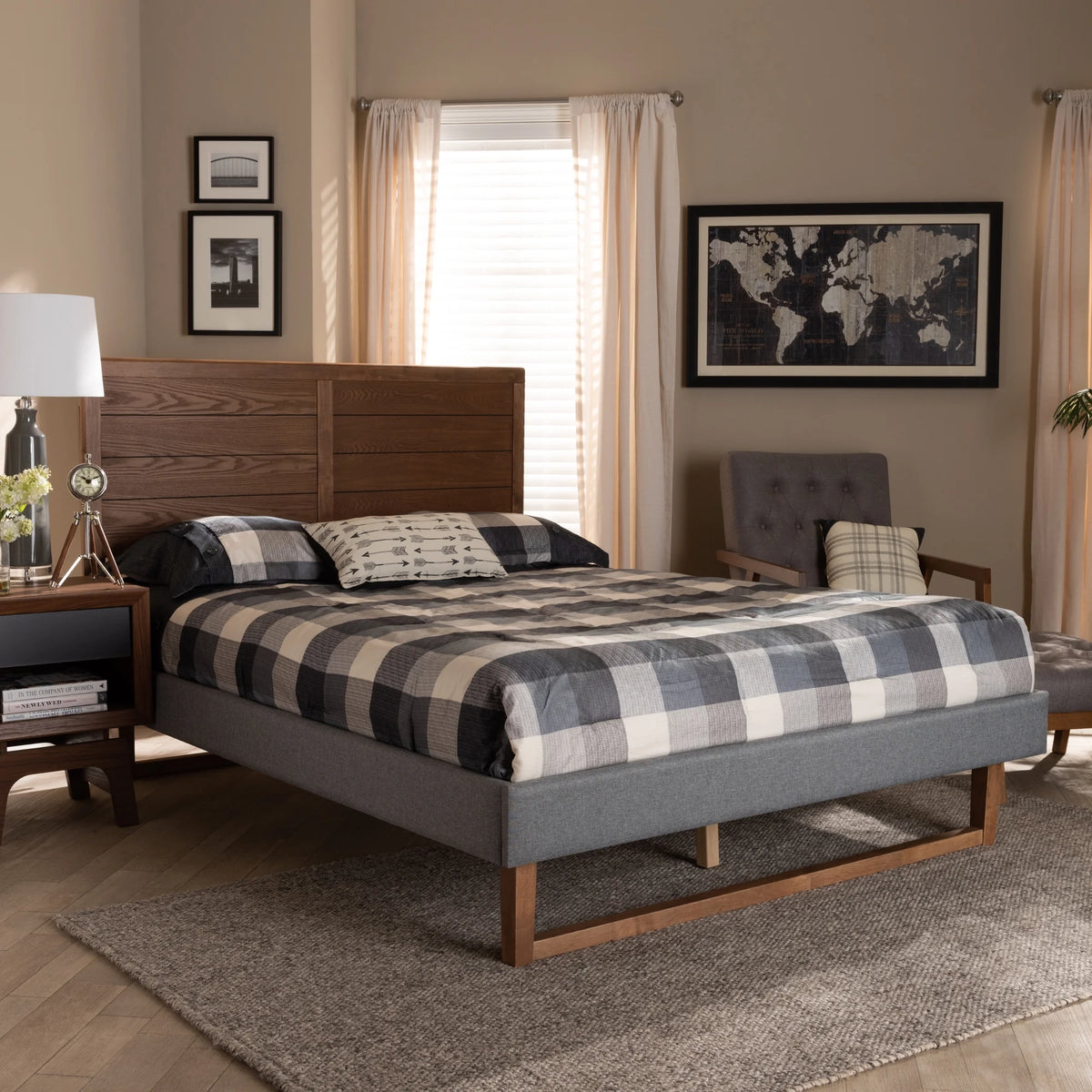 Dark Grey Fabric Upholstered Ash Walnut Brown Wood Full Size Platform Bed Q730