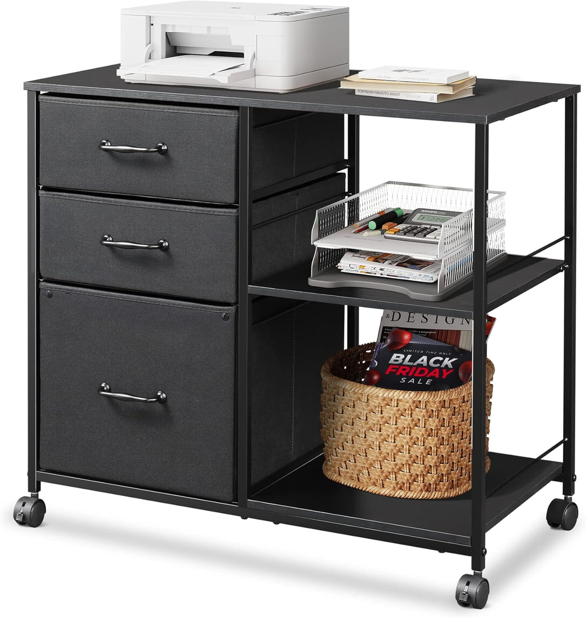 3 Drawer Mobile File Cabinet with Open Storage Shelf, Black F9172