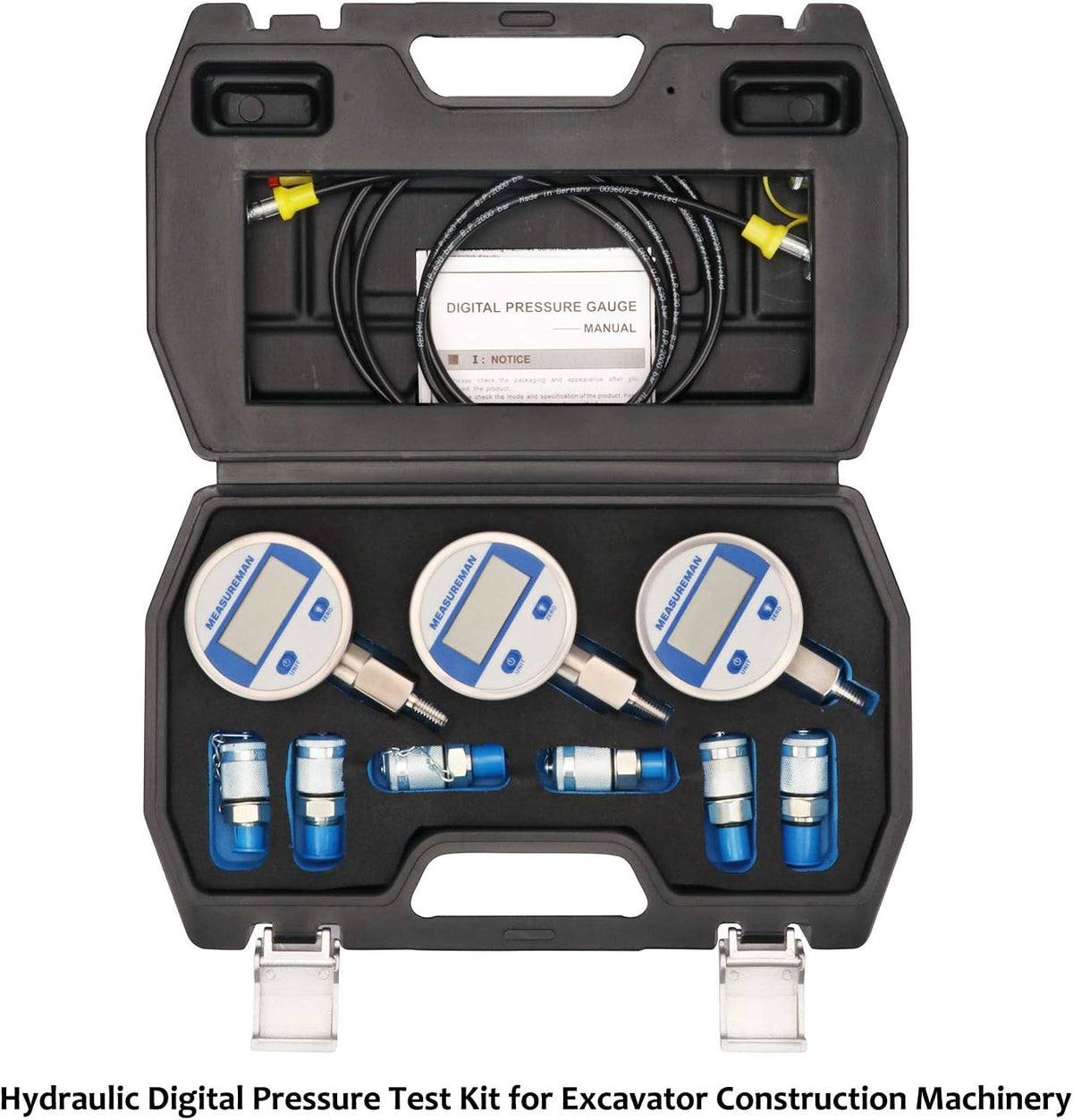 Excavator Hydraulic Digital Pressure Test Coupling Kit, 6 Couplings, 3 Gauges, 2 Hoses K112329