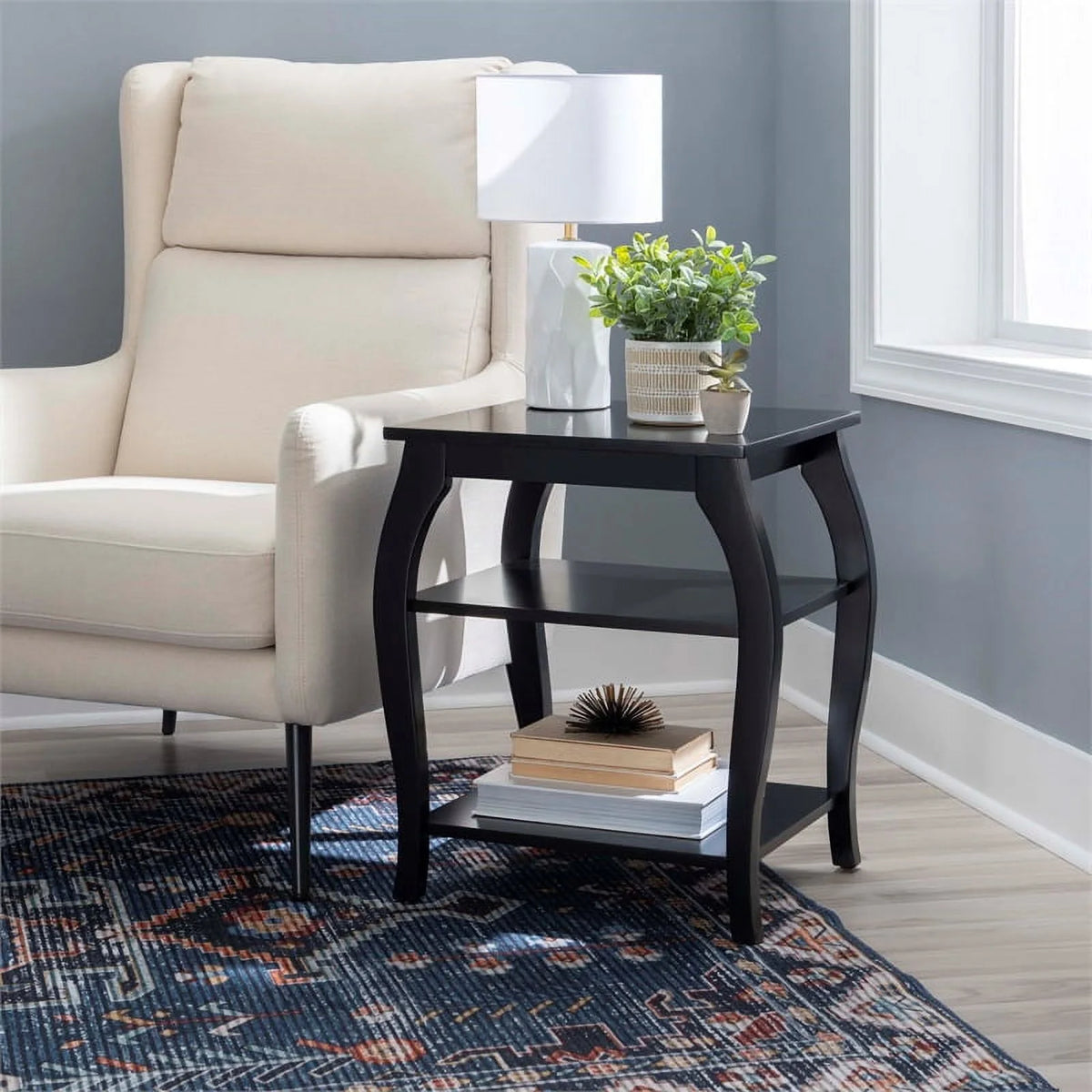 Black Wood Side Table with 2 Shelves S16119