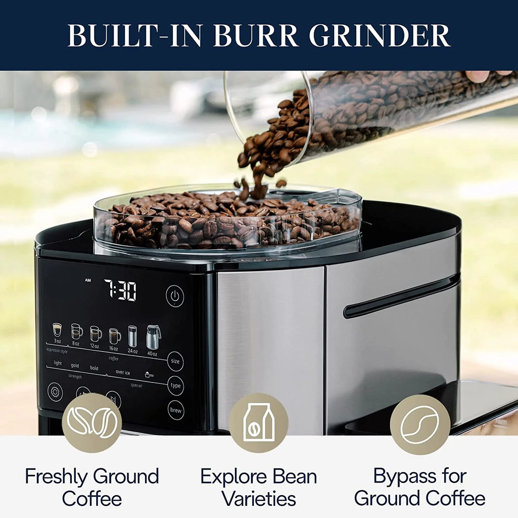 Drip Coffee Maker with Built In Grinder, 8 oz to 24 oz, 40 oz Carafe B556