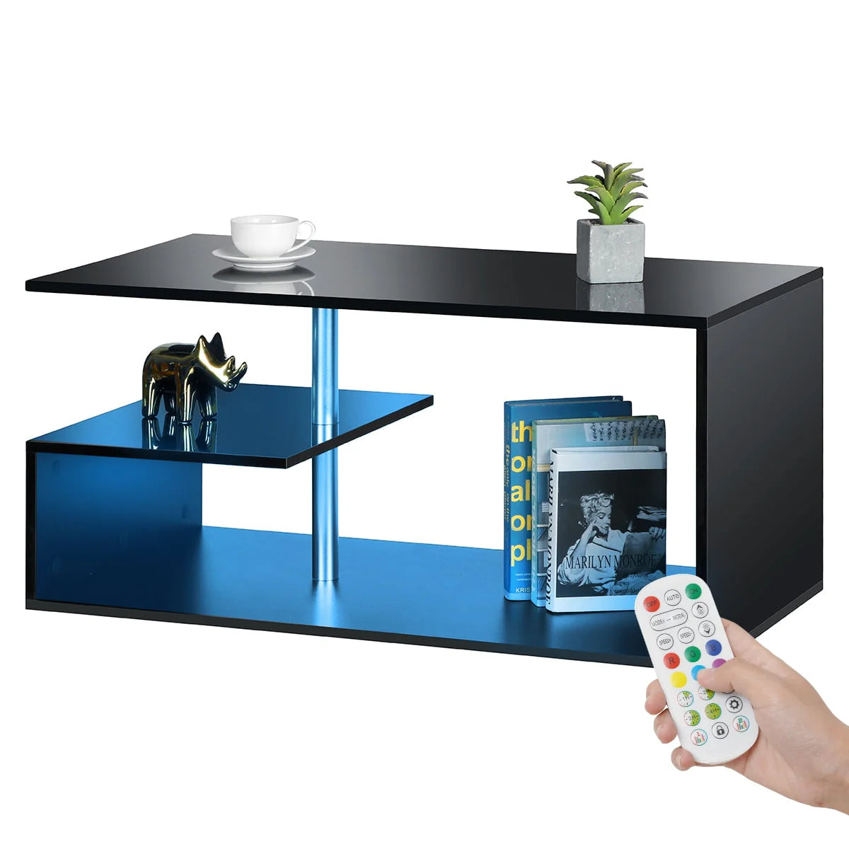 High Gloss Coffee Table with Open Shelf LED Lights White S Shaped Y2252