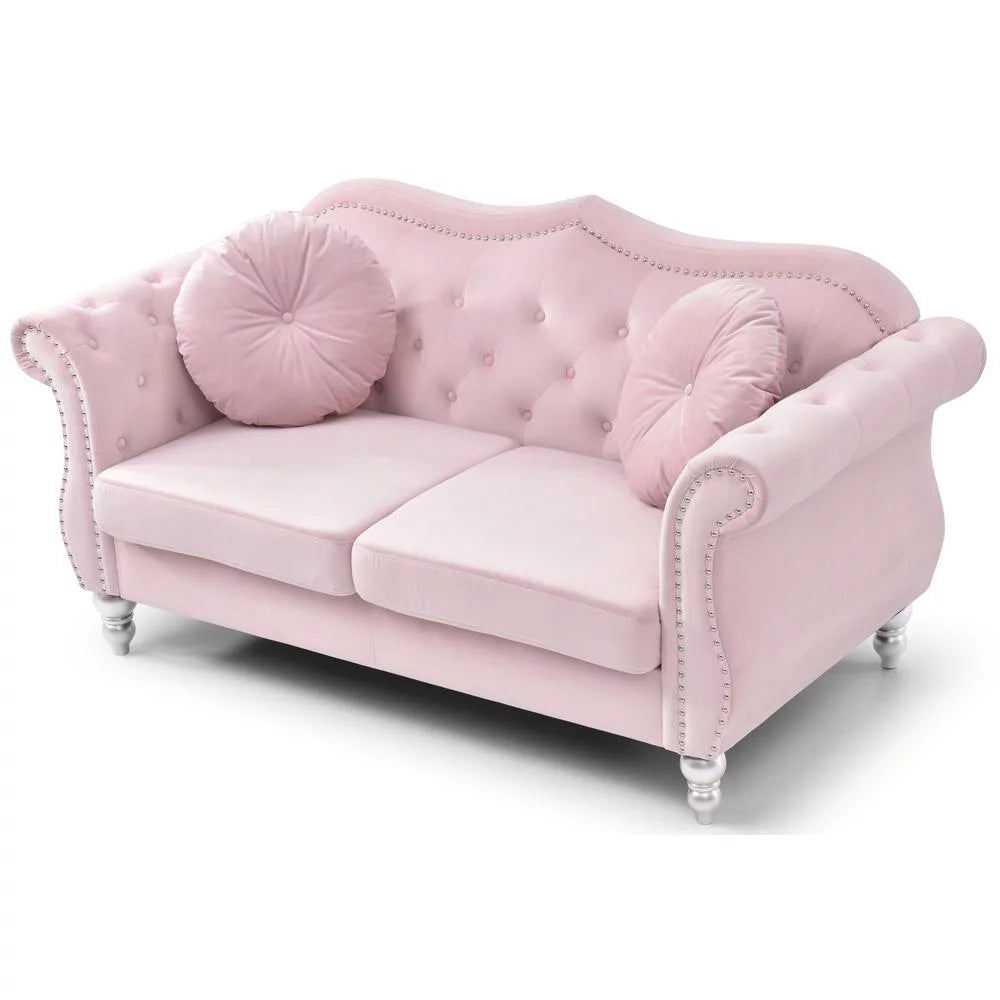 Pink Velvet Chesterfield Loveseat with 2-Throw Pillow Q528846