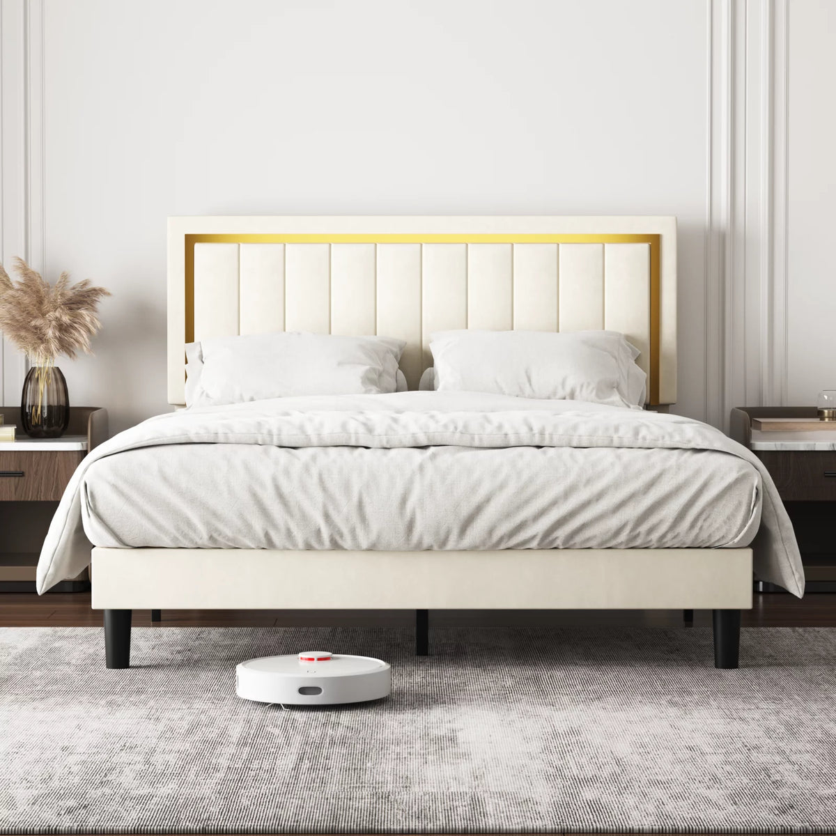 Beige Velvet Bed Frame with Adjustable Headboard B60372