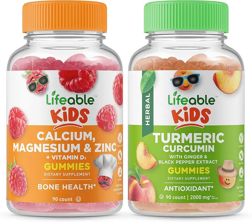 Calcium Magnesium & Zinc Kids Turmeric Curcumin Gummies Bundle Gluten Free GMO Free Chewable Gummy Vitamin Supplement R668707
