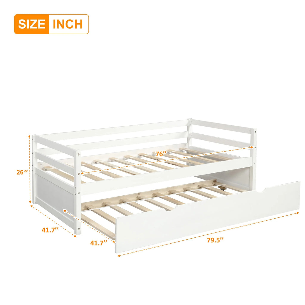 White Twin Wood Daybed with Trundle and Guardrails H1159