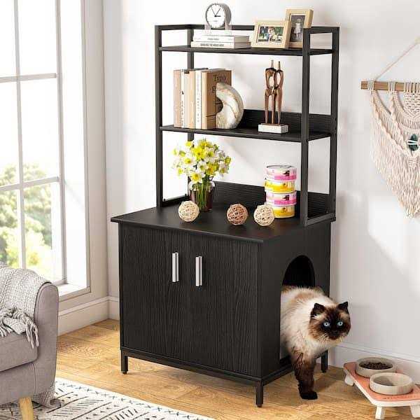 Black Litter Box Enclosure with Shelves and Doors J95820