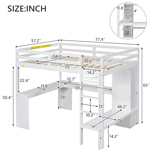 Full Size White Pine Wood Loft Bed with L Shaped Desk and Wardrobe P659174