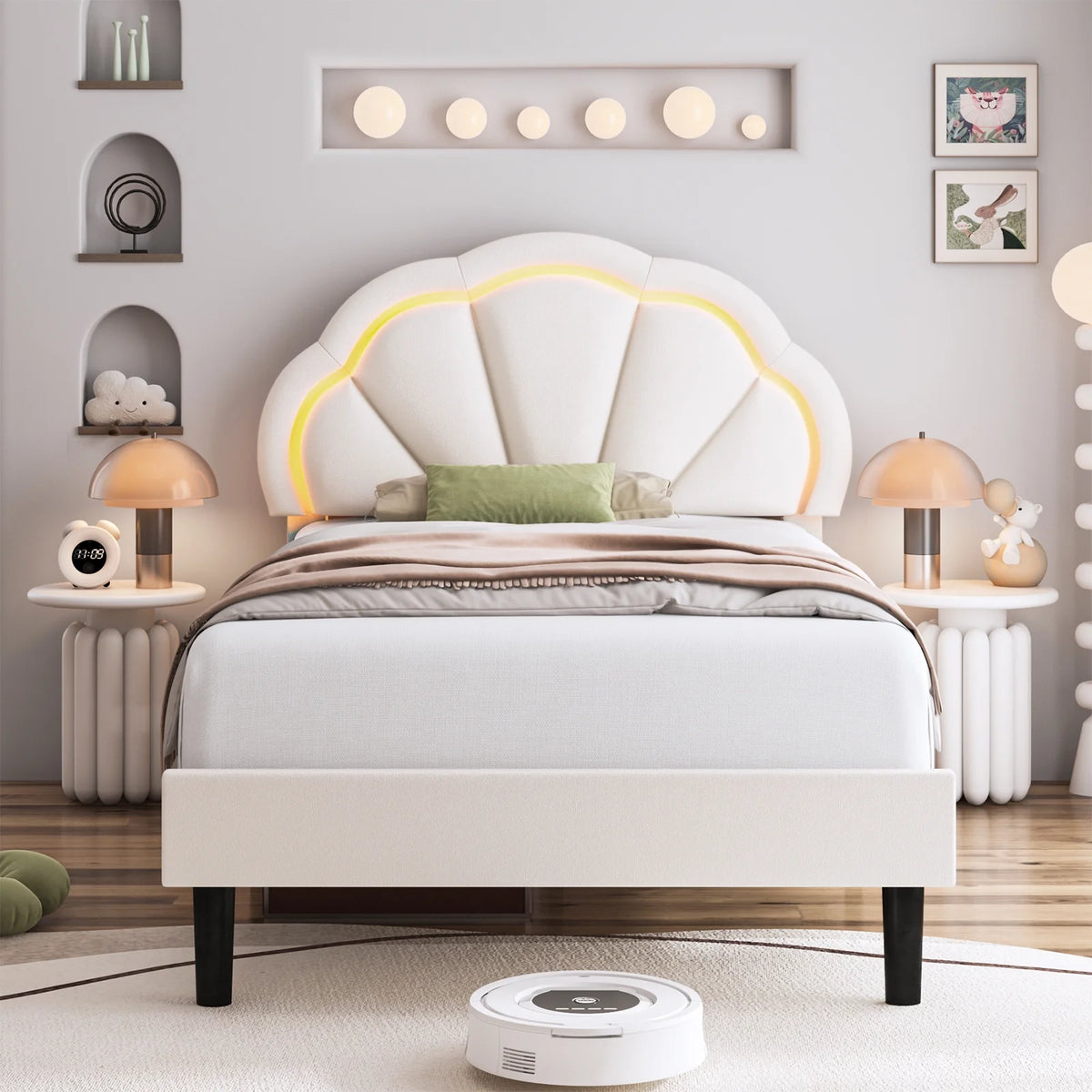Twin Size Off-White Velvet Upholstered Platform Bed with Adjustable Headboard V55352